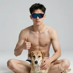 a beautiful portrait of an extremely cool bloke wearing a pair of futuristic sunglasses and no clothes besides his underwear, being unfazed by the fact that his dog is being put to sleep, giving the thumbs up, photography, volumetric lighting, 8 k