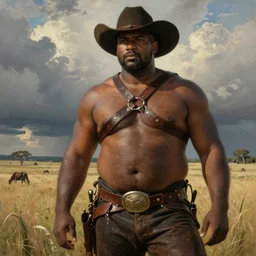 a beautiful dramatic epic painting of a thicc handsome shirtless black man | he is wearing a leather harness and cowboy hat | prairie setting | homoerotic, highly detailed, dramatic lighting | by Mark Maggiori, by William Herbert Dunton, by Charles Marion Russell | trending on artstation