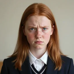 portrait of a thin adolescent white woman with round face wearing a school uniform, 1 6 yo, annoyed look, skin pores, acne, skin condition, uneven skintone, dry skin flare up, redhead, center parting, straight hair, in the morning, ambient light, sigma 8 5 mm, nikon 5 0 mm, by lee jeffries