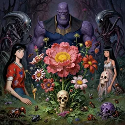 the platonic ideal of flowers, rotting, insects and praying of cletus kasady carnage thanos dementor wild hunt chtulu mandelbulb schpongle electron microscope bioshock xenomorph akira, ego death, decay, dmt, psilocybin, concept art by randy vargas and zdzisław beksinski
