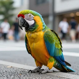 a human sized parrot standing on a street in ota city, tokyo