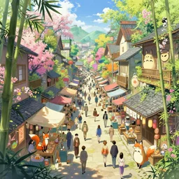 street-level view of a bustling marketplace in a great, colorful kitsune city, bamboo, flowers, anime, fox people, a fantasy digital painting by Greg Rutkowski and James Gurney, trending on Artstation, highly detailed