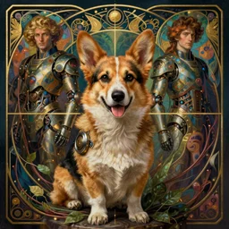 realistic detailed portrait of a korgi! mecha cyberpunk! mage! by alphonse mucha and charlie bowater and art germ, rule of thirds, golden ratio, art nouveau! cyberpunk! style, mechanical accents!, mecha plate armor, glowing leds, flowing wires with leaves, art nouveau accents, art nouveau patterns and geometry, rich deep moody colors