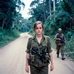 film still, far view, dirt road background, emma watson, jungle, vietnam war soldier, apocalypse now, associated press, 2 6 mm, kodak ektachrome, blue tint expired film,