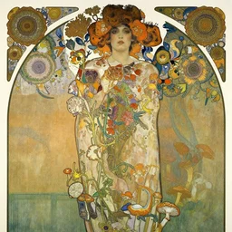 a beautiful detailed front view portrait of a rotten woman corpse with fractal plants and fractal flowers and mushrooms growing around, symmetrical, ornate, ornamentation, illustration, in the style of art nouveau, mucha