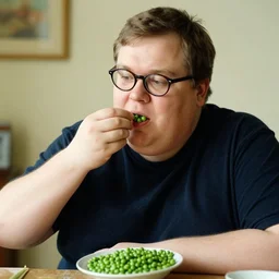 a photograph of a chubby white man with glasses eating peas by leonid afremov