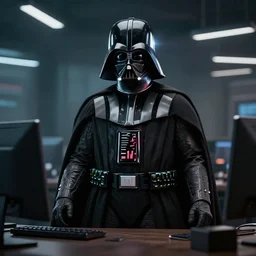 darth vader in a dark office, ray tracing, octane render, realistic, glare,
