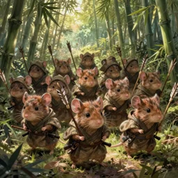 dungeons and dragons fantasy painting, platoon of ashigaru mice emerge from the forest, tanegashima, hooded cloaks, whimsical and cute, determined expressions, watery eyes, anime inspired by krenz cushart, brown fur, tufty whiskers, feathered arrows, bamboo forest, dawn lighting, by brian froud jessica rossier and greg rutkowski
