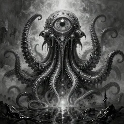 Vicariously I, live while the whole world dies, ultra realist soft painting of the world of Lovecraft Elden Ring and Giger, gigantic oily tentacles and eyes, very intricate details, ultra dense fog, golden ratio, volumetric black and white lighting, reflections, refractions, symmetry accurate anatomy features, octane render