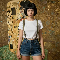 a girl with black hair pixie cut in shorts with suspenders drawn by slb, frank frazetta, ralph bakshi, alphonse mucha, gustav klimt 8k, 4k, unreal 5, DAZ, trending on artstation, octane render, hyperrealistic