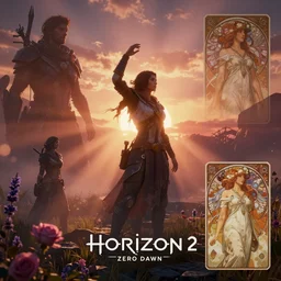 Stills from Horizon Zero Dawn 2, god rays, dynamic poses, bloom, volumetric fog, moody ambiance, cinematic lighting, twilight, sunset, rose and lavender and amber color grading, Bouguereau, James Gurney, Alphonse Mucha, fantasy, portfolio illustration, highly detailed, trending on Artstation, CGsociety, HQ, 8k, 35mm lens, f2.8, Bokeh,