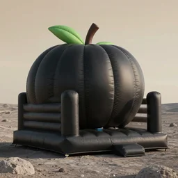 huge matte black adult bouncy castle in big fruits form like a big puffer with seams, on a lunar landscape, style by anish kapoor, parts by shih chieh huang, warm soft light, shallow depth of field realistic, 8 k, hyperrealism, subsurface scattering, raytracing