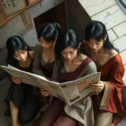 top angle shot of group of asian females reading newspaper, by thomas cole and wayne barlowe, bodyshape by kyu yong eom, 8 k, high detail, fantasy art, dnd, artstation,
