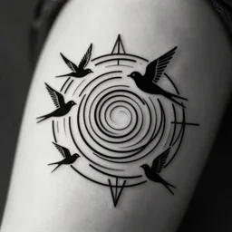a beautiful tattoo design of minimalist flying swallows flying around geometric spirals, black ink, abstract logo, line art