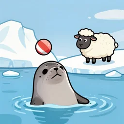 cartoon drawing of a seal tossing a ball with a sheep in antarctica. the seal's head is peaking above the water