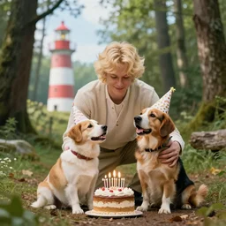 blonde balthazar and his dog okko, celebrating birthday in a forest, with a lighthouse in the background