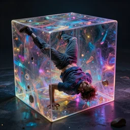 man trapped tightly in the celestial cube, (contortionism) (single point perspective) (gritty atmosphere) (neon colors)-n9