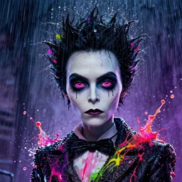 splashes of neon, punk portrait made out of paint with rain in the background, trending on artstation, epic composition, emotional, beautiful, rendered in octane, highly detailed, realistic, tim burton comic book art, sharp focus, detailed eyes