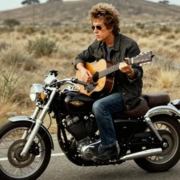 bob dylan riding his motorcycle playing with his guitar in the style of ansel adams