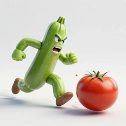 detailed 3 d render of a furious zucchini character chasing down a frantic tomato, concept, high speed action, martial arts, explosions, bloody knife, dramatic scene, hyper realistic octane render, cinematic lighting, deviantart, pop - surrealism, lowbrow, frame from independent pixar movie