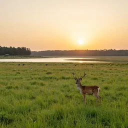 a beautiful grassy meadow at sunset, deer, birds, lake, by greg rutkowski, chris tulloch mccabe, valentina remenar and asher duran, digital art, concept art, trending on artstation