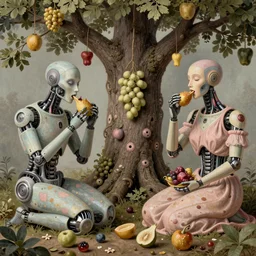 hyperdetailed cyborgs under a big tree, eating interesting elaborate fruits. in the style of Caravaggio and Paul Gauguin, with liberty cyberpunk and flemish baroque mixed media elements. natural pastel tones. matte background HD 8x
