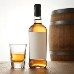 ultra realistic whiskey bottle and glass, low angle view, backlighting, whiskey barrel in background, product photography, menu image