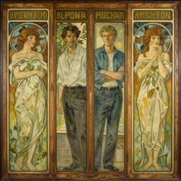 an art nouveau panel with four large vertical picture frames by brian froud and alphonse mucha distressed wood patina cinematic lighting, painting