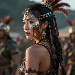 hyper realistic photography portrait of postapocalyptic madmax cyberpunk asian japanese cyborg tribal festival warrior girl amazon face cinematic, vallejo, back shot, craig mullins greg rutkowski, artstation, cgsociety