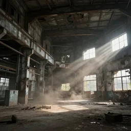 abandoned industrial factory interior, dust in light, digital art, trending on artstation