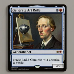 a magic the gathering card called generate art the card art is a portrait of a machine painting itself, matte oil on canvas in the style of René Magritte, trending on artstation, extremely detailed, soft lightning, 4k, 8k, HD