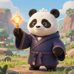 a portrait an anthropomorphic panda mage casting a spell, wearing mage robes, landscape in background, cute, dnd character art portrait, pixar style, by jason felix by steve argyle by tyler jacobson by peter mohrbacher, cinematic lighting