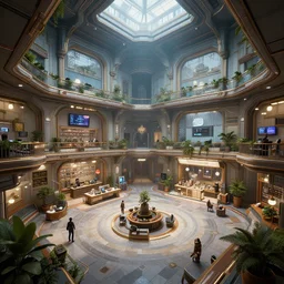 a spacious building in the metaverse, set in a video game with many details seen from the inside all well organized, style artstation, style greg rutkowski, octane render, unreal engine 6, epic game graphics, fantasy, cyberpunk, conceptual art, ray tracing
