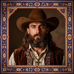bearded cowboy, portrait, highly colorful illuminated borders, persian folkore artstyle