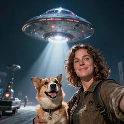movie still of a dog owner making a selfie while getting beamed aboard ( abducted ) by an alien ufo