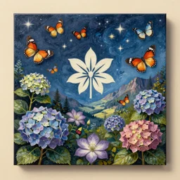 a beautiful photo realistic painting of hydrangea which consists of all sorts of exotic butterflies, clematis theme logo, exotic butterflies theme, exotic butterflies design, clematis in the deep sea, clematis like stars in the sky, hydrangea, landscape of the mountain valley in the background, trending on artstation, warm light, fantasy art, 8 k resolution, highly detailed