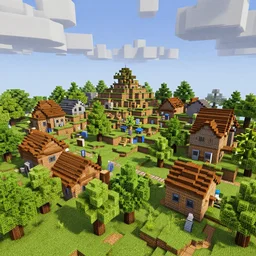 minecraft village fully rendered in 3 d, super fine detail, blockiness removed, ray tracing, realistic clouds, houses and trees