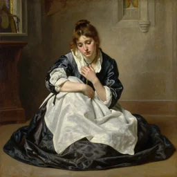 painting by Edmund Blair Leighton of a beautiful barmaid in old silky clothes sitting on the floor, looking sad, detailed face, touching her clothes, the interior of a medieval castle in the background, 4k oil on linen by Edmund Blair Leighton, highly detailed, soft lighting 8k resolution