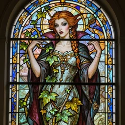 a stunning stained glass window of a beautiful poison ivy as a vampire queen with hair tied in a braid, dark eyeliner, intricate, elegant, highly detailed, digital painting, artstation, concept art, sharp focus, illustration, art by john collier and albert aublet and krenz cushart and artem demura and alphonse mucha