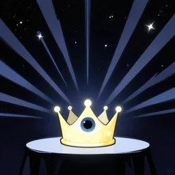 a glowing crown sitting on a table with one large beautiful eye on top of it like a jewel, stars on top of the crown, night time, vast cosmos, geometric light rays exploding outwards into stars, sharp bold black lines, flat colors, minimal psychedelic digital concept art illustration
