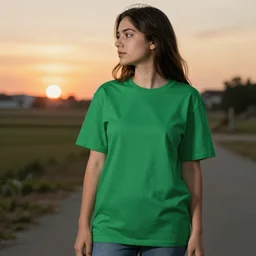 Girl Green t-shirt looking sunset