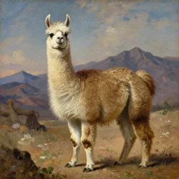 detailed baroque portrait of a llama with dreadlocks, realistic creature concept, heroic pose, desert mountain in background, Ilya Repin oil painting, style of Brian Jacques
