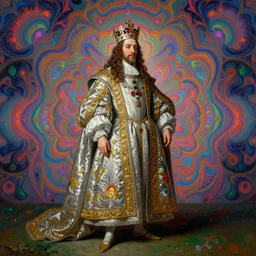 beautiful oil painting, full length portrait of dauphinois in baroque coronation robes 1701, Dan Mumford, Dan Mumford, Alex grey, hyacinthe rigaurd, highly detailed , lsd visuals, dmt fractal patterns, hallucinogen, visionary art, psychedelic art, ornate, vaporwave, baroque, Greg rutkowski