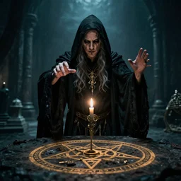 terence hill dressed as a cultist and summoning an elder being through a pentacle