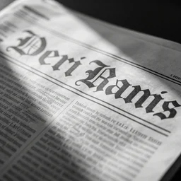 the close up of a major newspaper with the masthead in gothic lettering, black and white, typography
