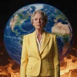 a still from the movie tree of life depicting a beautiful and intense older woman in her 6 0's wearing a yellow business suit against a backdrop of a moody planet earth in flames. cinematic lighting, in the style of terrence malick