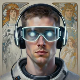 future coder looking on, big nose, stuble, glowing visor over eyes and sleek neon headphones, neon accents, desaturated headshot portrait painting by donato giancola, dean cornwall, rhads, tom whalen, alex grey, alphonse mucha, astronaut cyberpunk electric fashion photography