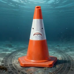 orange and white traffic cone great white shark eyes and teeth teeth teeth teeth teeth, tyre mark, wide shot, underwater background detailed atmospheric - ron cheng & alphonse mucha, highly detailed, digital painting, ray tracing, concept art, illustration, smooth sharp focus, intricate, symmetry, artstation,