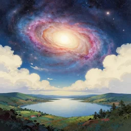 A beautiful illustration of a >a colorful galactice galaxy colored Ecru, art by J.M.W. Turner< in the distance landscape surrounded by a lake, hills, blue sky with big clouds by greg rutkowski,TOMOKAZU MATSUYAMA, TOMOKAZU MATSUYAMA and thomas cole, graphic art, anime culture,featured on behance, digital art wallpapers