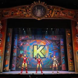 photo of a huge theaterstage, play is iron man, 3 actors on stage, 8 k, multicolored, exaggerated detailed, long shot
